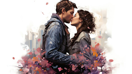 Romantic Painting of Man and Woman Sharing a Kiss