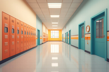Modern school corridor 3d design in pastel colors, back to school. Generative ai
