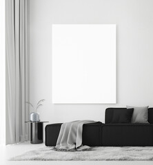 Modern luxury interior of living room with cozy black sofa set and canvas frame on empty white wall background. 3d rendering.
