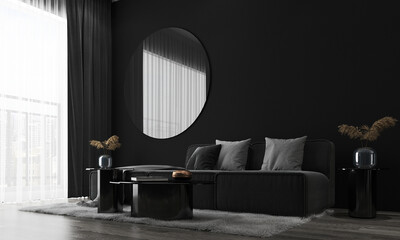 Modern luxury interior of living room with cozy black sofa set and mirror and empty black wall background. 3d rendering.
