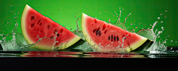 Watermelon cut splashing in water on green background.