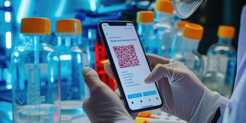 Scientists hands holding mobile phone with QR code on screen