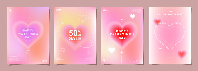 Naklejka premium Set of Modern design templates for Valentines day, Love card, banner, poster, cover, invitation. Trendy minimalist aesthetic with gradients and typography, y2k backgrounds. vector illustration.