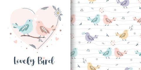 Cute Valentine Card and Seamless Pattern set with Cute Birds. Hand drawn cute bird in love, doodle style characters Animals background. Vector Illustration
