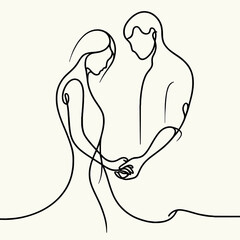 Minimalistic single line illustration of a couple holding hands on white background