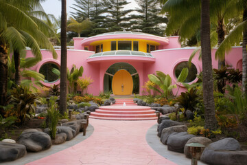Pink House With Yellow Door Surrounded by Palm Trees in a Tropical Paradise