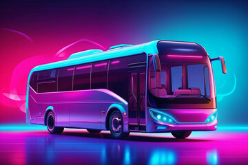 futuristic bus with neon lighting style - obrazy, fototapety, plakaty