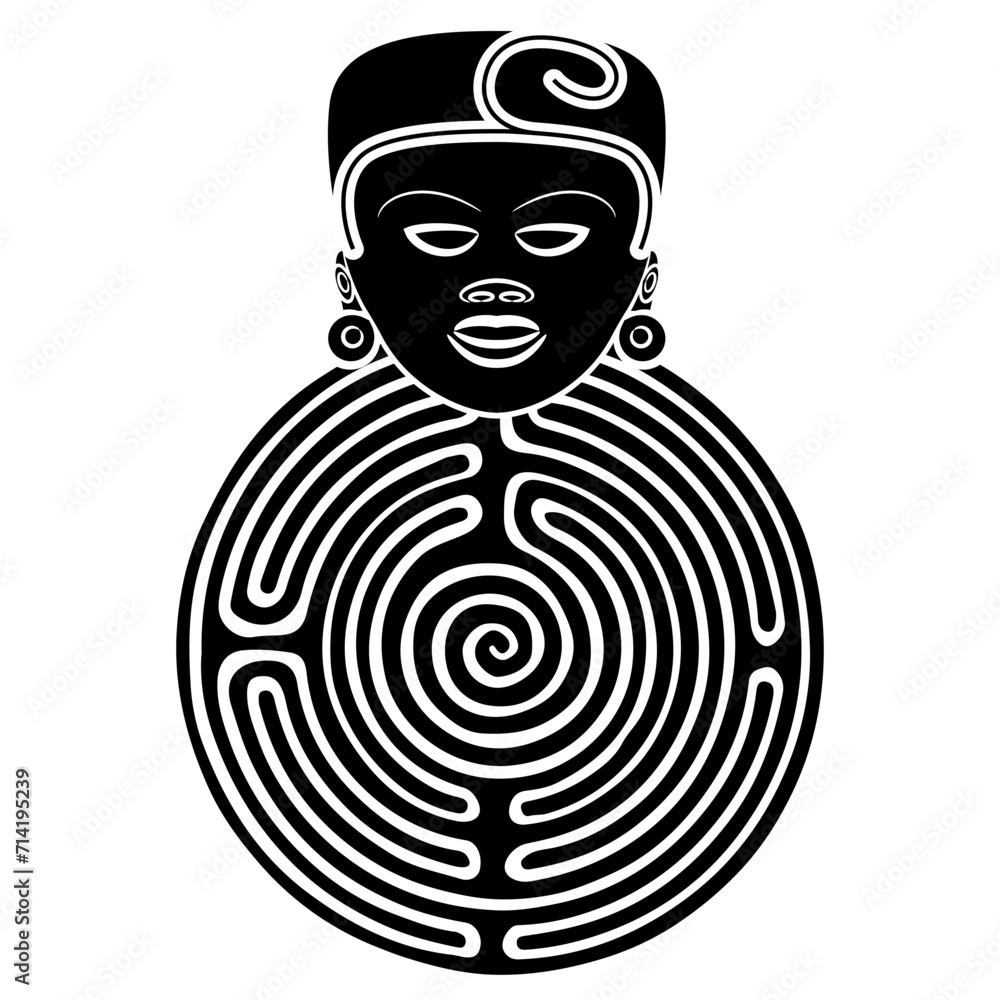 Wall mural round spiral maze or labyrinth symbol with human head from veracruz. ethnic tribal mask. mystery of 