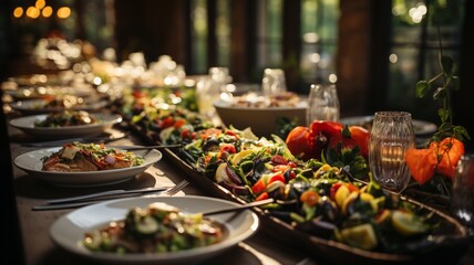 A wedding buffet with delicate dishes lined up on a table, generative ai