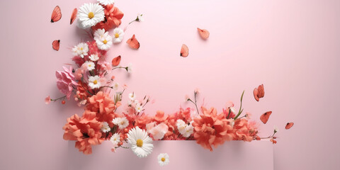 beautiful spring flowers on pink background floral ornate background forming love Displaying an array of fresh flowers in bouquets and single stems sprinkled with dew, set against a pastel background.