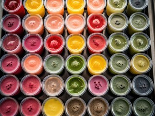 Drinks Photography - Tray of colorful smoothies and juices arranged in a neat pattern in a bright and airy juice bar during the afternoon