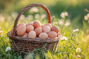 A basketful of freshly picked chicken eggs. Generative AI