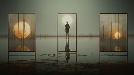 Narcissism concept surreal triptych painting background