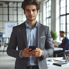 Portrait of a Businessman standing with smart phone in office