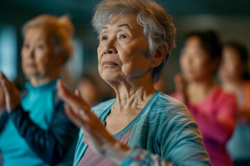 Fototapeta premium Radiant Senior Lady Enjoying Group Yoga Practice