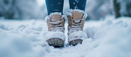 A snow-covered woman in winter boots.