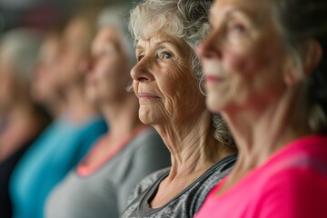 Fototapeta premium Radiant Senior Lady Enjoying Group Yoga Practice