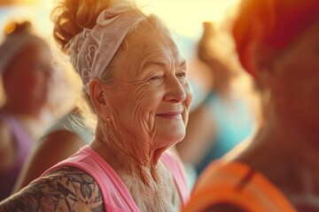 Obraz premium Radiant Senior Lady Enjoying Group Yoga Practice