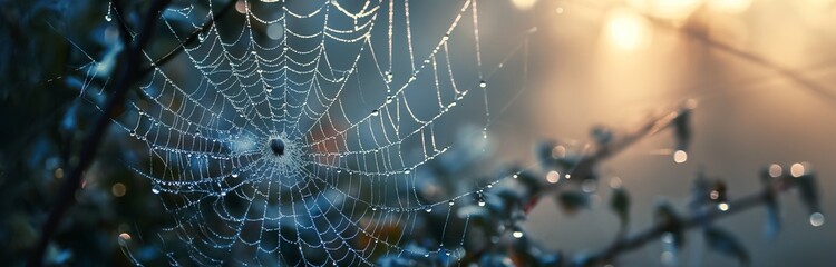 spider web with dew drops all over it in the morning - obrazy, fototapety, plakaty