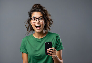 woman with mobile phone shocked and opens her mouth, looking amazed, look at wonder - obrazy, fototapety, plakaty