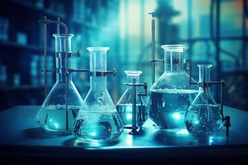 Chemistry glassware on blue background.