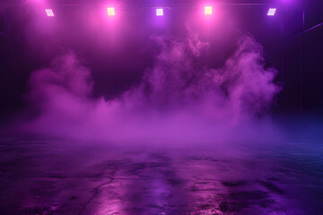 Purple background with neon light spotlights the asphalt floor with smoke float up