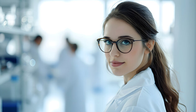 Beautiful young woman scientist wearing white coat and glasses in modern Medical Science Laboratory with Team of Specialists on background