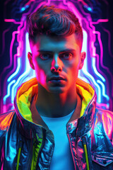 Neon color illuminated image of futuristic style cyberpunk man portrait
