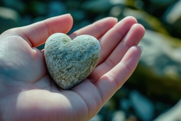 Hand holding heart-shaped stone, symbolizing care.