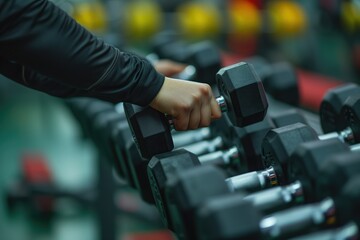 Hand selecting dumbbell, focusing on fitness and strength training.