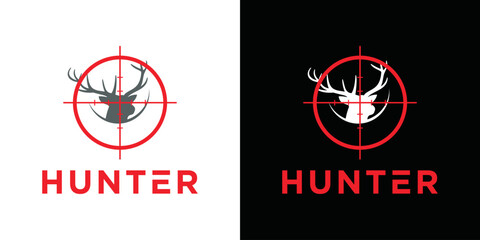 deer hunter logo, badge, emblem, label design template. target shooting design template. vector silhouette of deer head and arrow. hunter club, deer hunting symbol icon