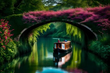 A narrow boat peacefully glides through a thin canal, surrounded by a sea of lush greenery
