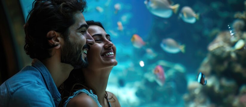A joyful couple observing fish on a romantic outing, smiling, surrounded by marine life in a tank, embracing.