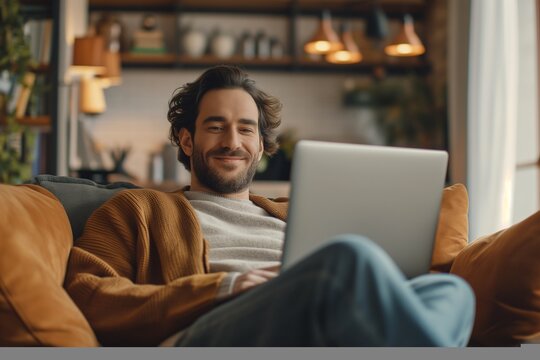 Smiling Man Using Laptop in Cozy Living Room