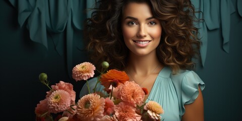 A cheerful and pretty woman holds a bouquet of dahlia flowers, radiating happiness and freshness.