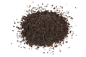 Dry black tea leaves  isolated on white background. Black Ceylon tea.