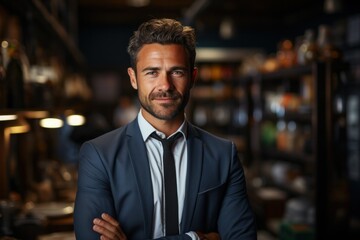 Fototapeta premium A successful, handsome Hispanic businessman in a suit, exuding confidence in a storage room.
