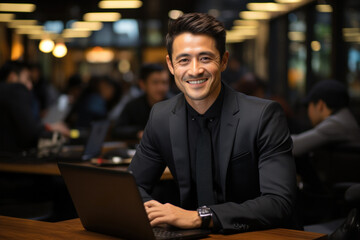 Obraz premium A confident, successful Asian businessman with a laptop, exuding positivity and professionalism in an office.