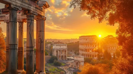 Photo sur Plexiglas Orange Landscape Scene of Colosseum at the sunset time, view from inside decorate home apartment, window and balcony view, holiday and tourist concept ,generative ai