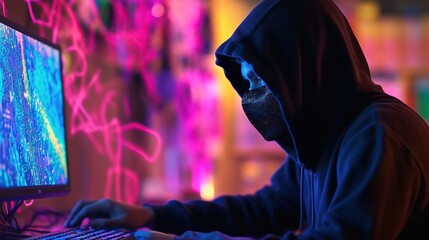 Anonymous man in a black hoodie and neon mask hacking generative ai - obrazy, fototapety, plakaty