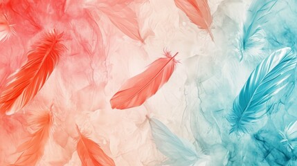Obraz premium Watercolor abstract feathers colorful background pattern. Flying feathers effect. Pastel colour, Watercolor paper textured illustration for design, vintage card, templates, retro cards, banners.