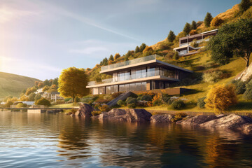 Obraz premium Modern luxury house, villa by water in mountains in summer. Landscape with residential mansion, river, forest and sky. Concept of architecture, design, nature, travel, countryside