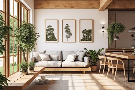 Modern home interior with wooden furniture and plants, Scandinavian style. Posters on white wall in contemporary living room of house, wood rustic design. Concept of nature