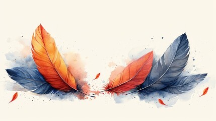 Watercolor abstract feathers colorful background pattern. Flying feathers effect. Pastel colour, Watercolor paper textured illustration for design, vintage card, templates, retro cards, banners.v