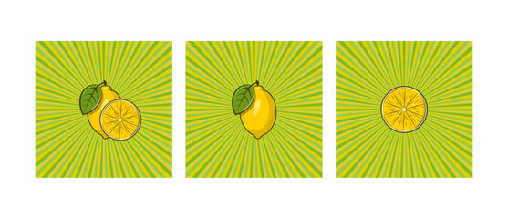 Set fresh lemon poster fruits and slice. set of Isolated on white background.