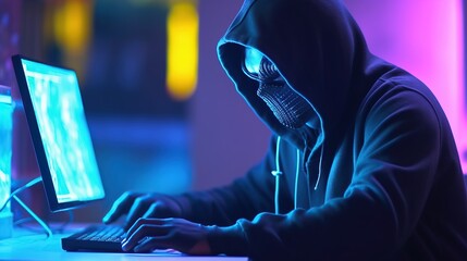 Anonymous man in a black hoodie and neon mask hacking generative ai