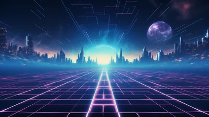 Keuken foto achterwand Fractale golven 80s Retro Sci-Fi Background, Universe Retro Futuristic 80's Background. Retro wave cyber grid. Deep space surfaces. Neon lights glowing..