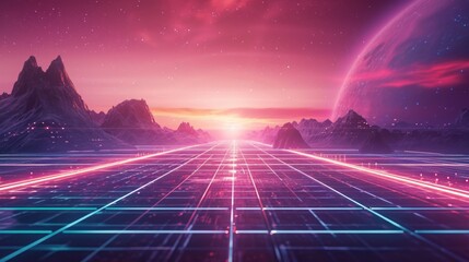 80s Retro Sci-Fi Background, Universe Retro Futuristic 80's Background. Retro wave cyber grid. Deep space surfaces. Neon lights glowing.. - obrazy, fototapety, plakaty