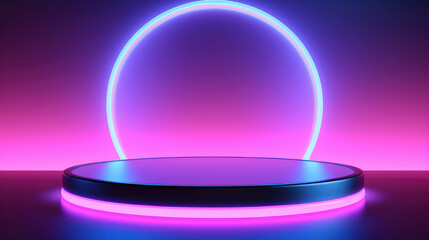 Neon light lines bright ring and empty product podium background