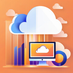 Cloud computing concept with computer and cloud on orange background. Vector illustration